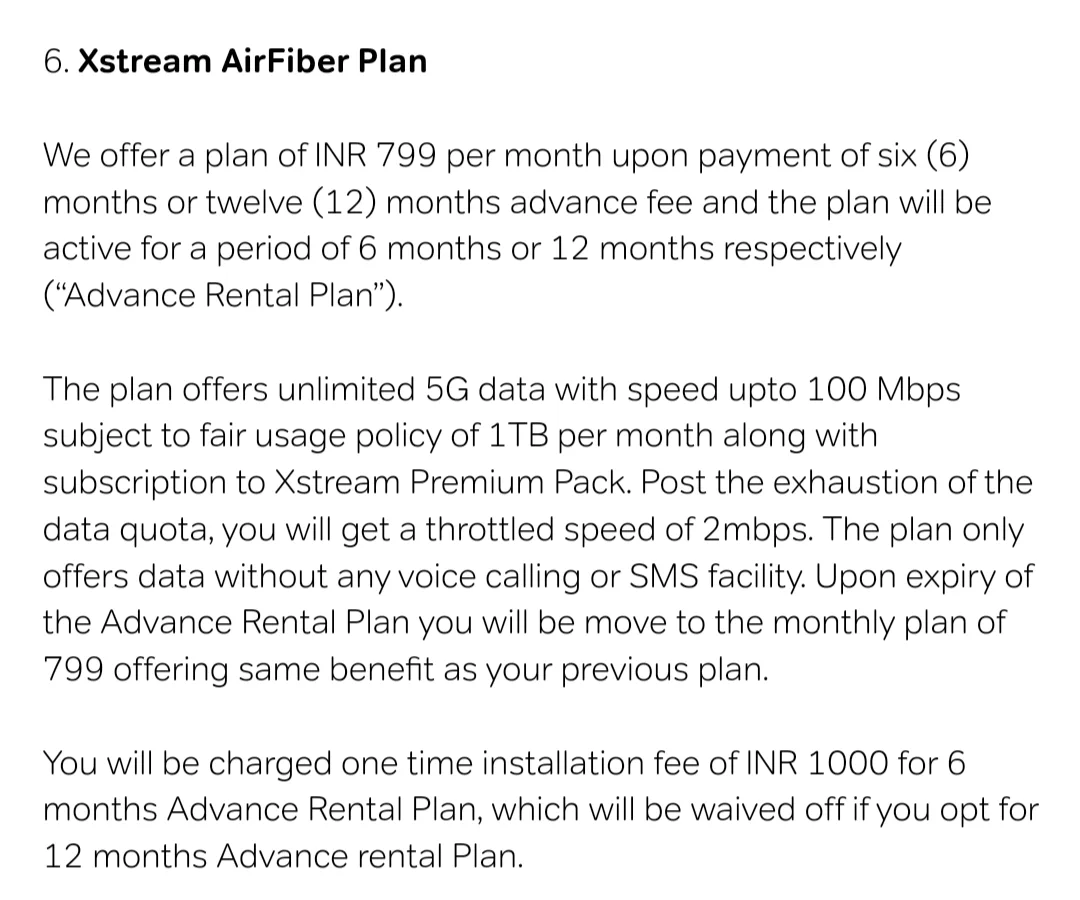 Airtel Xstream AirFiber Plans now have a  fair usage policy limit of 1TB