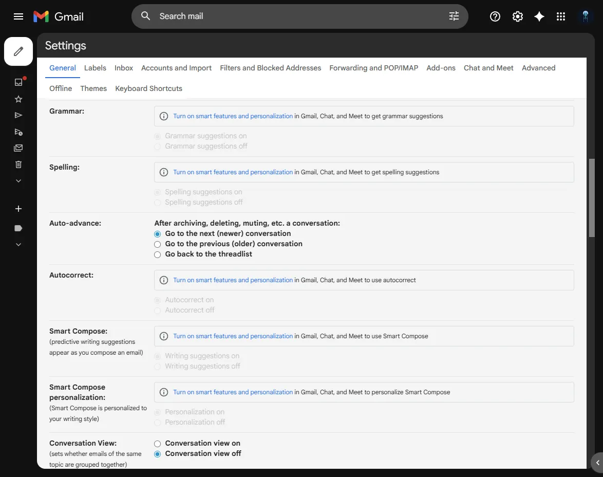 If you disable Smart Features in Gmail, you lose grammar/spell check, autocorrect, smart reply, important mail alerts and more