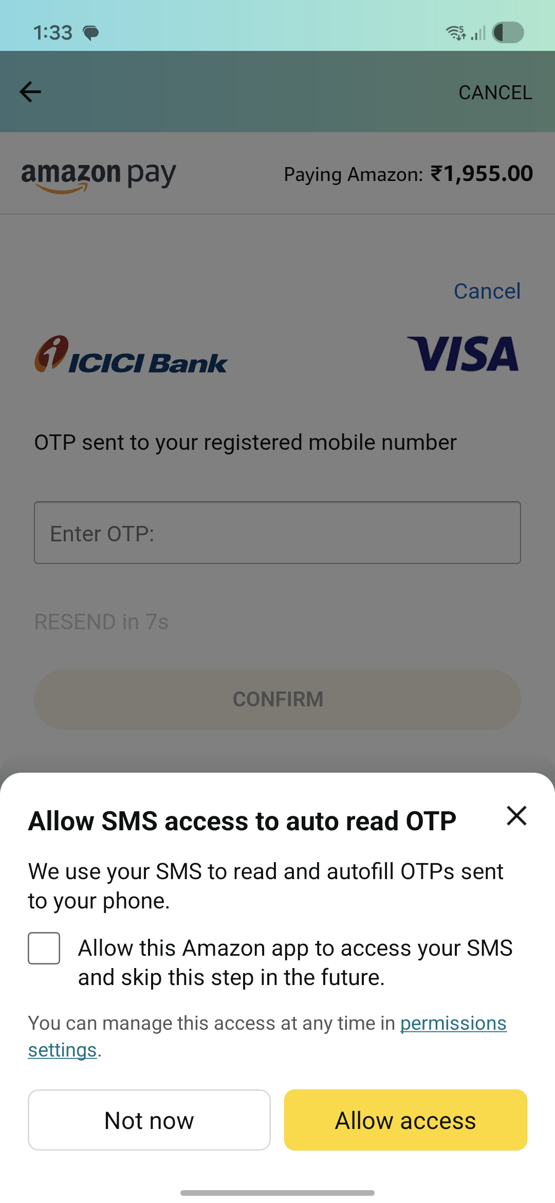 Amazon demands access to SMS permission every time you try to pay using credit card