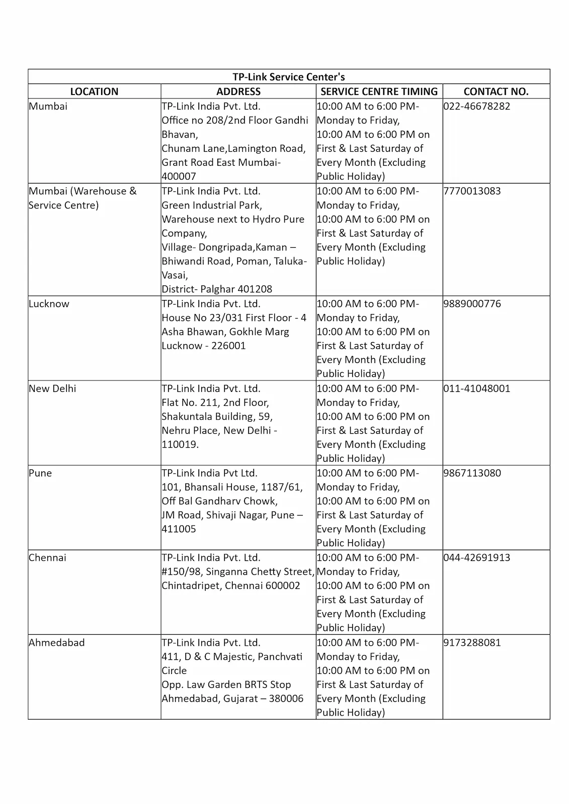 TP-Link Service Center India Locations